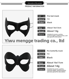 Detail of black PVC half-face masks in bat and butterfly styles for masquerade parties