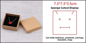 Brown kraft jewelry box detail showing the sponge insert and dimensions 7.3x7.3x3.5cm