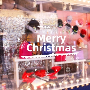 Christmas window decals with white snowflakes, cartoon reindeer, and Merry Christmas text