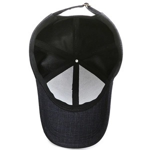 Deep blue denim baseball cap with interior view showing reinforced crown and metal buckle