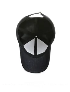 Detailed interior of a navy blue baseball cap showing mesh lining and adjustable metal buckle