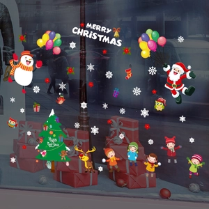 Merry Christmas window stickers with Santa, snowman, and reindeer on glass for home decor