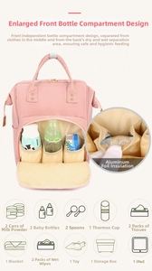 Pink nylon diaper bag detail with insulated bottle pockets and large storage capacity