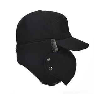Men's winter black trapper hat with gray faux fur lining and detachable face mask
