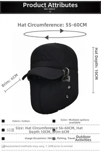 Detailed size specifications of a black winter trapper hat with ear flaps and face mask