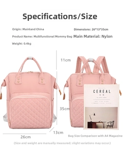 Detailed size chart for pink nylon diaper bag showing dimensions 26x13x35cm and scale