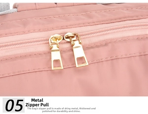 Detailed macro view of pink nylon bag with premium thickened golden double metal zippers