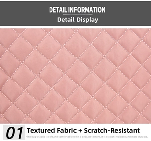 Detail view of pink quilted nylon fabric with diamond stitching and smooth texture