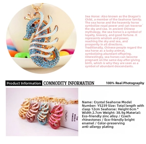 Detailed view of rhinestone seahorse keychains in various colors and dimensions