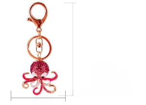 Detail showing dimensions of the crystal octopus keychain with rose gold plating