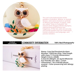 Macro shot of owl keychain detail with rhinestones and white enamel on a gold metal base