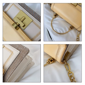 Detailed views of color-block leather bag with gold hardware and chain strap