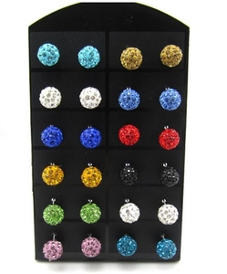 Set of 12 pairs of multi-colored Shamballa style disco ball stud earrings on black display