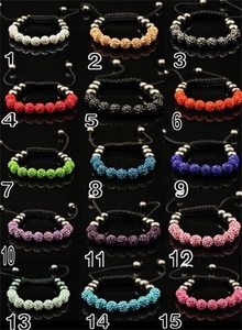 Matrix display of 15 colorful Shamballa bracelets with sparkling pave disco beads