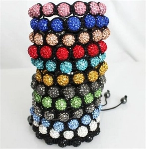 Handwoven Shamballa bracelets featuring colorful 10mm disco clay bead rhinestones