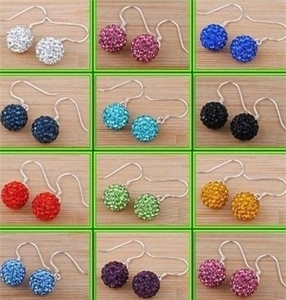 Detailed grid display showing 12 vibrant colors of sparkling rhinestone ball drop earrings