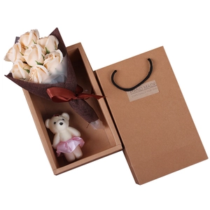 Soap rose gift box with cream flowers, cute teddy bear and brown kraft paper handbag