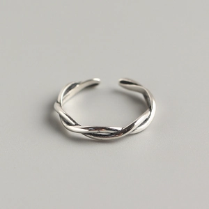 Minimalist S925 sterling silver twisted rope open ring with a vintage polished finish