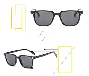 Macro detail of black square frame sunglasses with silver rivet accents and dark lenses