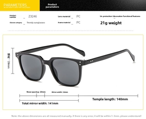Technical size diagram for black square sunglasses showing 141mm width and PC frame specs