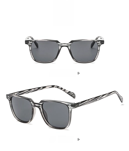 Detailed front and side view of square frame sunglasses with grey wood grain texture
