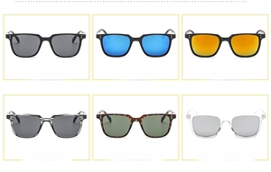 Detailed grid of fashion square sunglasses showing six assorted color lens options