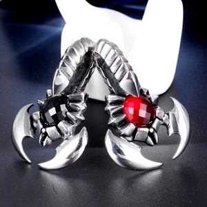 Polished stainless steel scorpion pendants with red and black gemstones for men