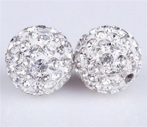 Macro shot of silver crystal pavé clay beads with shimmering rhinestones and large holes