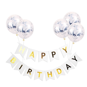Happy Birthday banner set with gold lettering and blue sequin confetti balloons