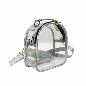 Detailed side view of a transparent PVC mini bag featuring iridescent holographic trim and straps.