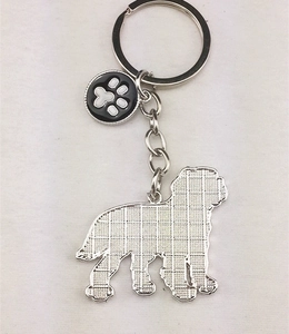 Detail view of Labrador dog metal keychain with grid texture and black paw print charm