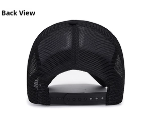 Detail view of the breathable mesh back and adjustable snapback closure on a black baseball cap