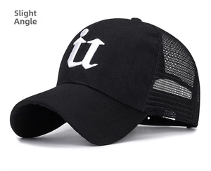 Detail of black trucker hat featuring white 3D embroidered U letter and breathable mesh