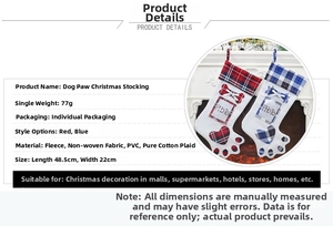 Detailed size specifications for red and blue plaid dog paw Christmas stockings