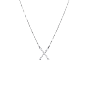 Silver X letter pendant necklace with hammered texture finish for women on white background