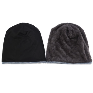 Detail of double-layer knitted hat with thick fleece lining for cold winter warmth