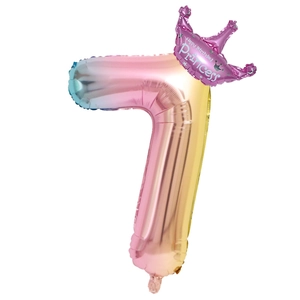 Macro view of gradient rainbow foil balloon number 7 with pink princess crown decoration