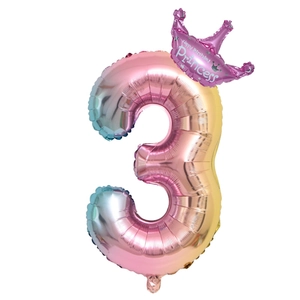 Detail of gradient rainbow number 3 balloon with pink crown and Happy Birthday print