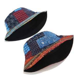 Vintage patchwork bucket hat with ethnic floral prints and reversible cotton design