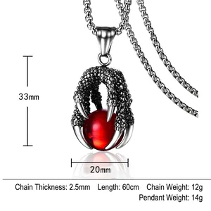 Pendentif griffe de dragon pour homme en acier inoxydable avec perle rouge et chaîne