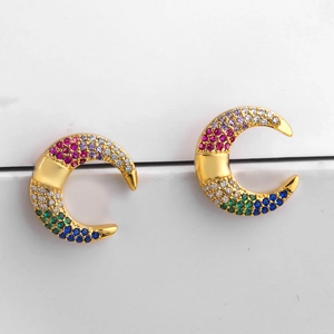 Chic gold moon earrings featuring colorful micro-pave cubic zirconia rainbow crystals