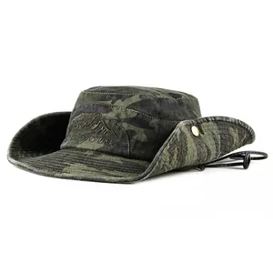 Camouflage Bucket Hat Wide Brim Cotton Canvas Sun Protection Outdoor Fishing Hiking Tactical Boonie Hat With Chin Strap