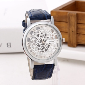 Detailed side view of silver quartz watch with skeleton dial and blue leather strap