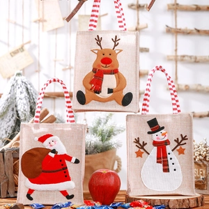 Christmas Gift Tote Bag Linen Burlap 3D Embroidery Santa Snowman Reindeer Cartoon Pattern Holiday Party Candy Storage