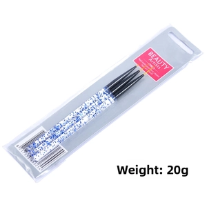 Three-piece nail liner brush set with blue glitter handles in clear hanging package
