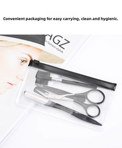 Detailed view of 4-piece eyebrow grooming set in a portable clear zipper pouch