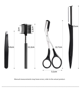 Detail view of 4-piece stainless steel eyebrow grooming set with precise size measurements