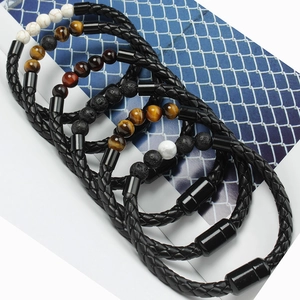 Men's braided leather bracelets with stone beads and magnetic clasp in various styles