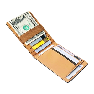 Slim bifold men's wallet with black exterior, elastic money band and multiple card slots