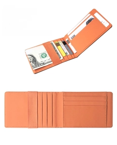 Slim orange faux leather wallet with elastic money strap and multiple vertical card slots